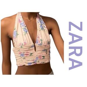 ZARA Halter Neck Crop Top, Pink Floral, Size XL.